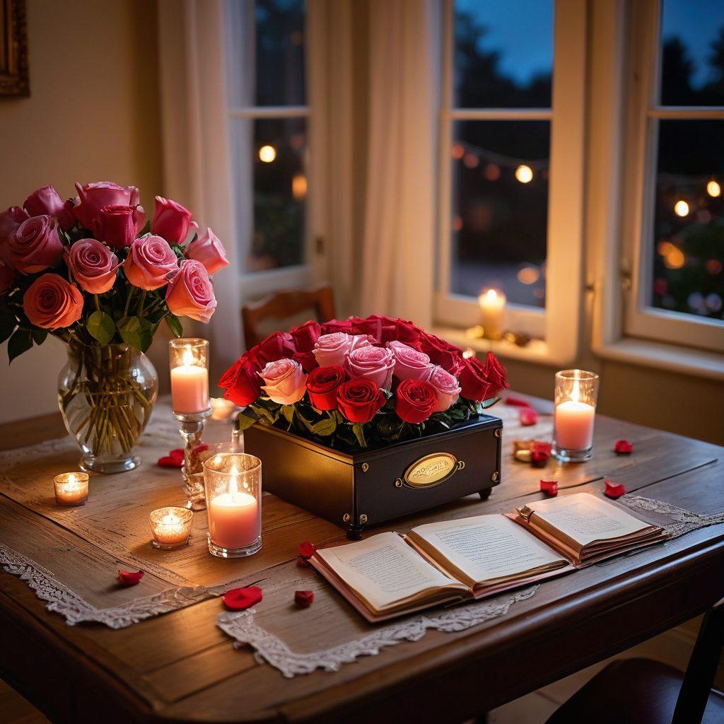 A romantic, cozy setting featuring a couple enjoying a candlelit dinner under a starlit sky. Soft pink and red roses surround the table, with a vintage record player playing music nearby. Warm, inviting lighting enhances the atmosphere, suggesting intimacy and connection. Include subtle details like love notes or small gifts to symbolize thoughtful romantic gestures. super-realistic. vibrant colors. soft focus.