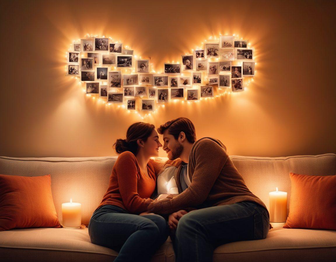 A warm, inviting scene of a couple sitting on a cozy couch, surrounded by soft lighting and plush cushions, sharing heartfelt moments. Surround them with symbols of intimacy, like intertwined hands, heart-shaped decor, and a glowing candle. In the background, a wall adorned with photographs of their shared memories. Emphasize a sense of closeness and affection. super-realistic. warm colors. soft focus.
