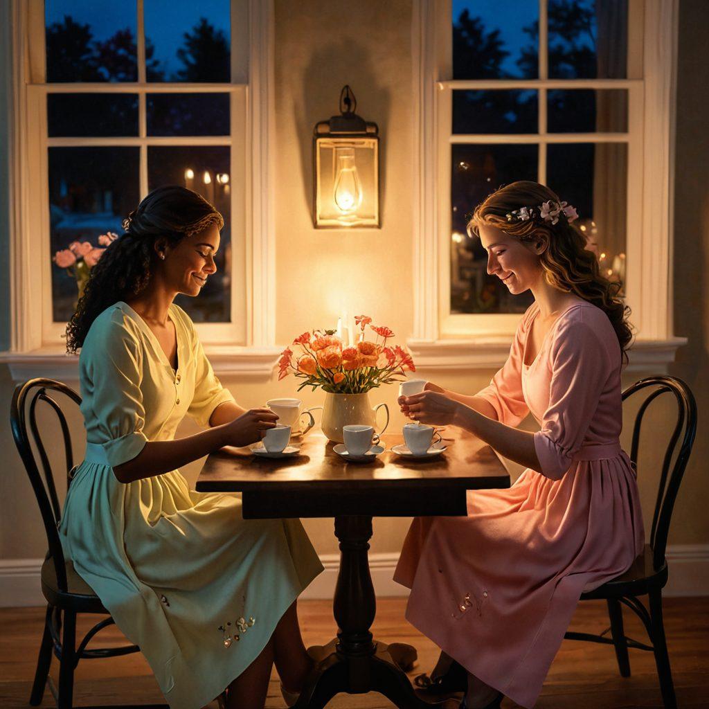 A cozy, candle-lit setting depicting two women sharing a heartfelt conversation over a cup of tea, surrounded by soft pastel colors, flowers, and personal letters. The atmosphere should evoke warmth and companionship, showcasing their friendship through subtle gestures like holding hands or exchanging smiles. Emphasize a sense of intimacy and connection. super-realistic. vibrant colors. warm tones.